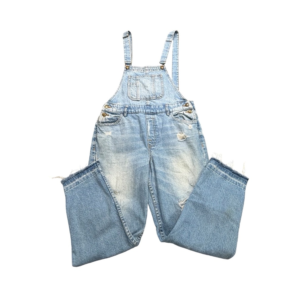 Zara Overalls Women M Light Wash Distressed Straight Leg Denim Boho
